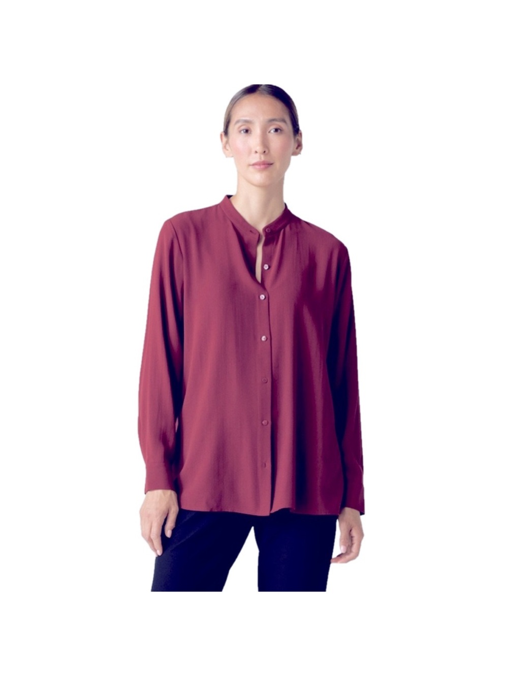 Eileen Fisher Silk Georgette Crepe Mandarin Collar Shirt